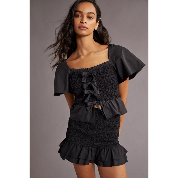 NWT Anthropologie x Mare Mare Bow-Front Tied Bows Blqck Smocked Peplum Blouse S - Picture 9 of 11